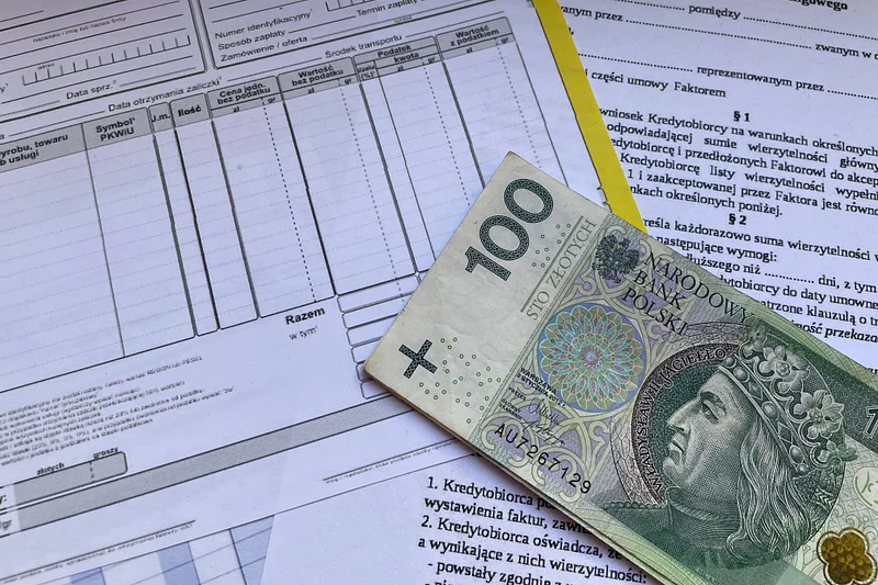 Banknot stuzłotowy na dokumentach i fakturach